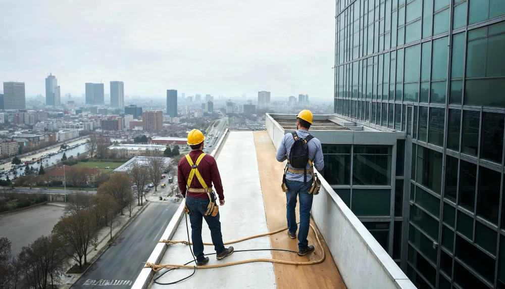 Two workers in safety harnesses inspecting a high-rise commercial roof.