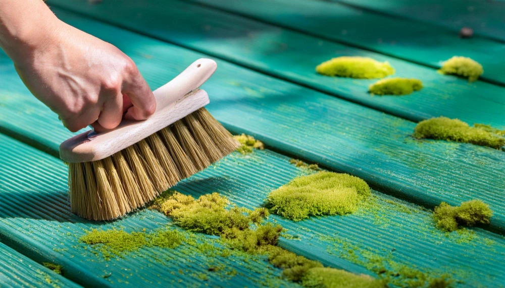 Scrubbing moss and algae from green roofing materials using a stiff brush.