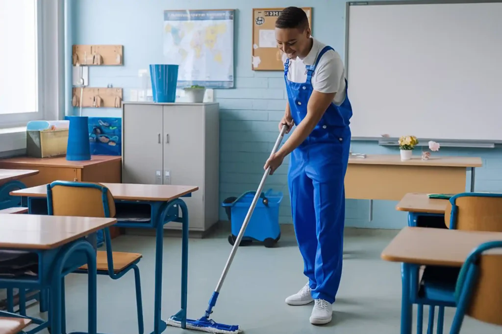 School janitor mopping a classroom floor between student shifts.
