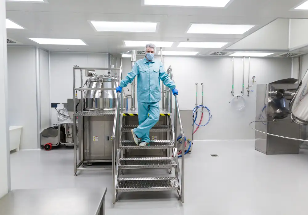 Lab technician in sterile blue scrubs walking down stairs in a pharmaceutical facility.