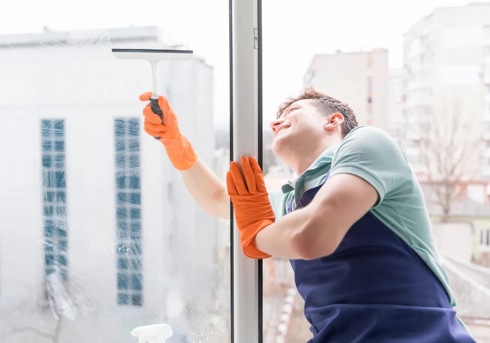 Close-up of a squeegee removing soap and water for streak-free window cleaning.