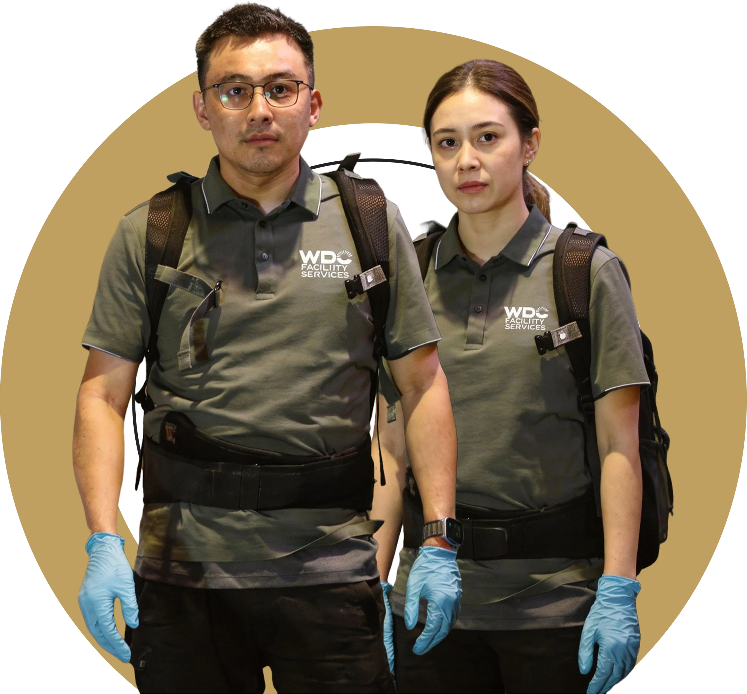 Portrait of professional commercial cleaning team members wearing uniforms and backpacks.