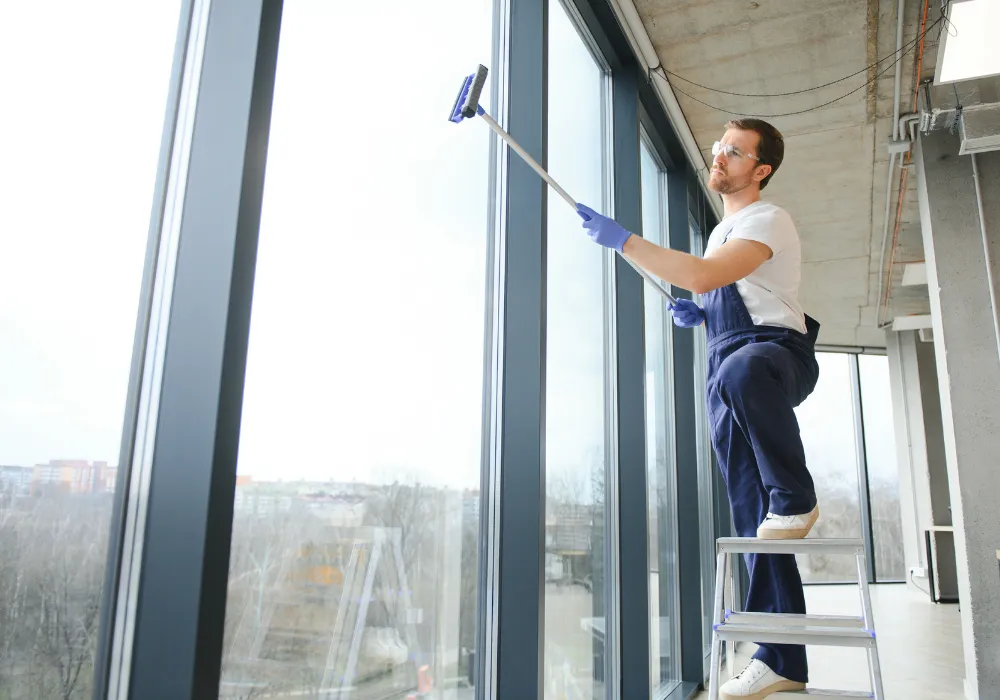 Professional using an extension pole to clean hard-to-reach high windows.