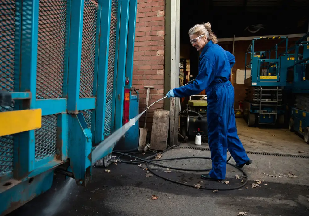 Worker pressure washing an outdoor industrial loading dock area.