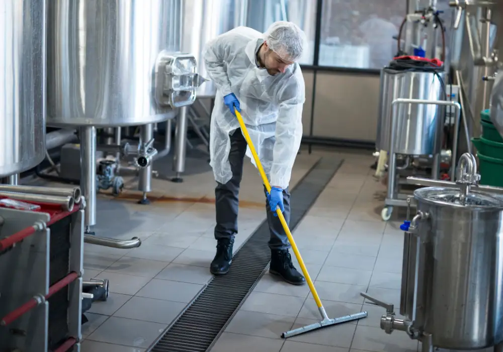 Specialist cleaning stainless steel tanks and floors in a brewery or industrial plant.