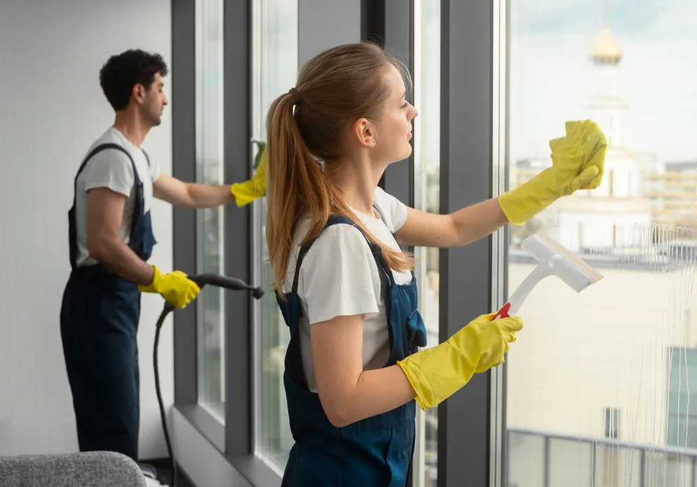Cleaner wiping indoor glass partitions and windows in a corporate office.