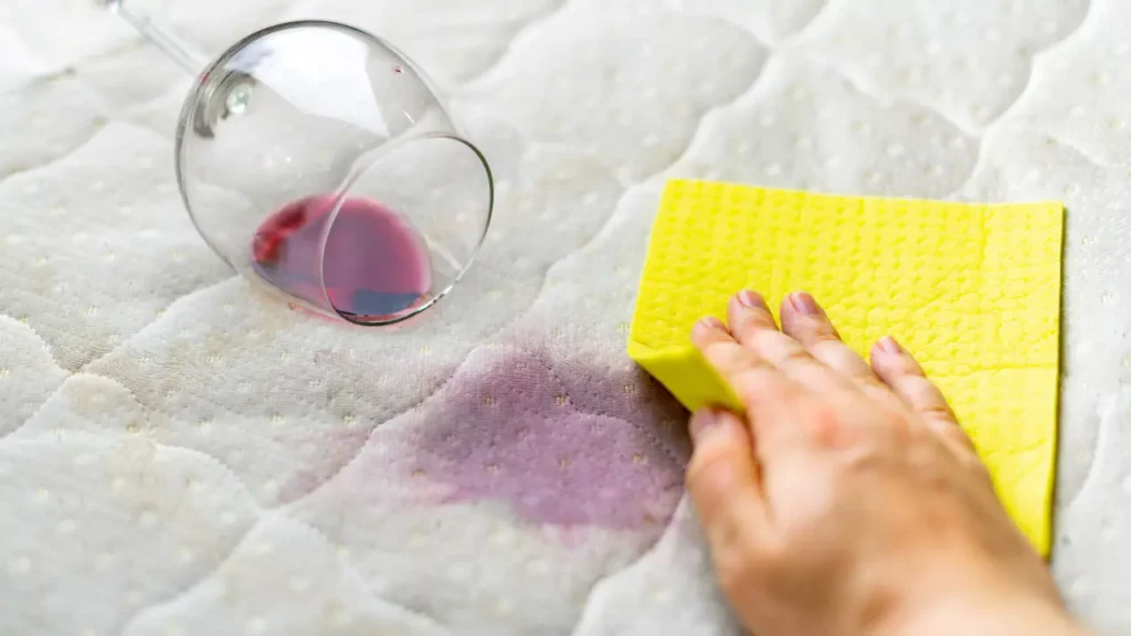 Demonstration of removing a red wine stain from carpet using a sponge.