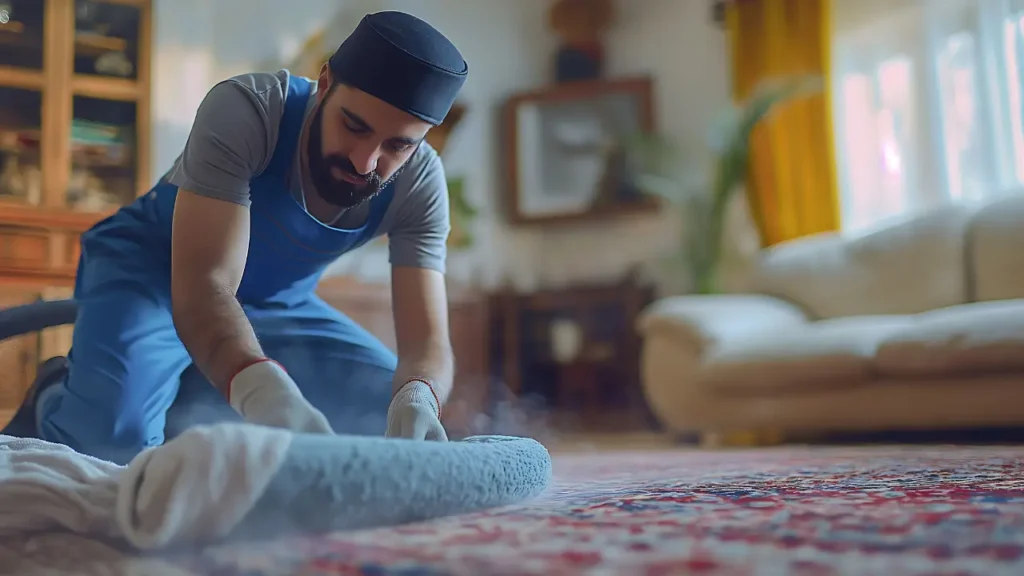 Carpet technician using a steam cleaning wand on a commercial rug.