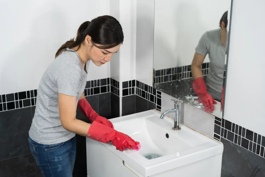 Cleaning staff scrubbing and sanitizing a commercial bathroom sink and vanity.