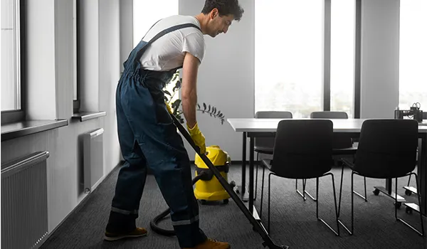 Floor technician using a buffing machine to strip and seal vinyl commercial floors.