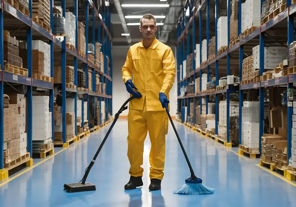 Industrial cleaner in yellow protective gear mopping a large warehouse distribution center.