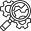 Inspection icon showing a magnifying glass over gears for quality audits.