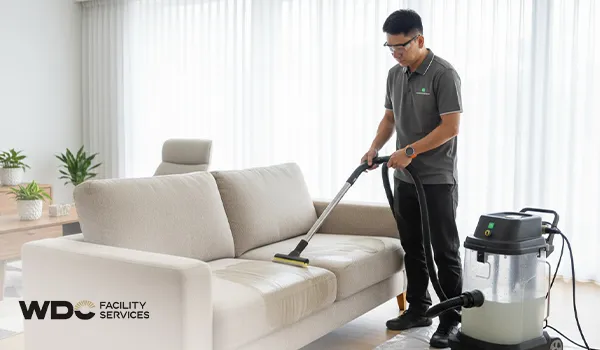 A professional upholstery cleaner using an industrial vacuum with a specialized brush head to remove dry soil, dust, and allergens from a light-colored fabric sofa cushions.