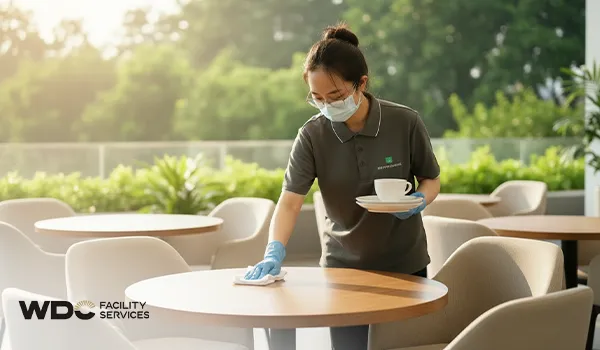 Staff member performing deep cleaning on wooden dining tables in a cafe setting.