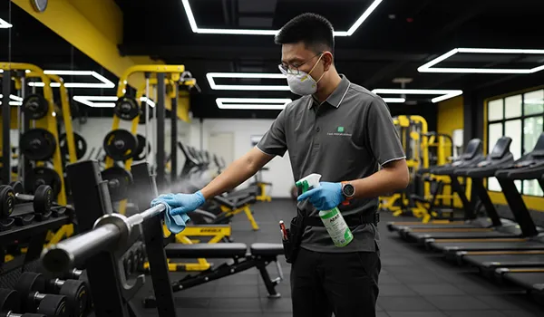 Commercial cleaner wearing a face mask and gloves while deep-cleaning gym weight benches.