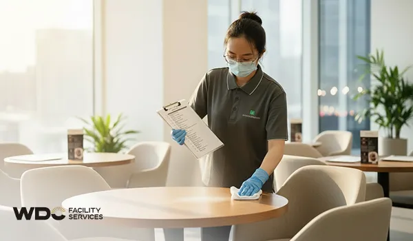 Commercial cleaning professional verifying completed tasks in a restaurant dining room.