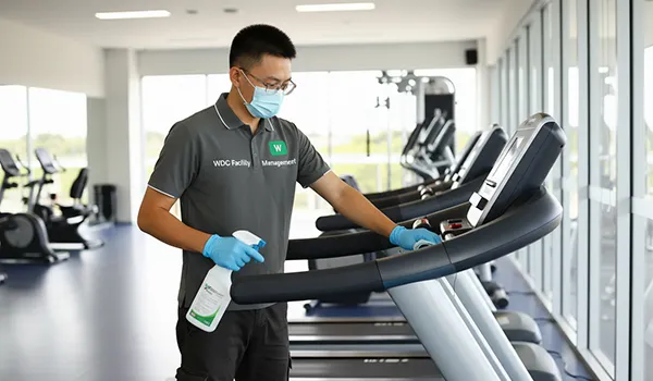 Professional cleaner using hospital-grade disinfectant to sanitize a gym treadmill.