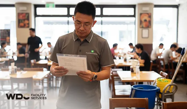 Restaurant cleaning supervisor reviewing a daily sanitation checklist for staff.