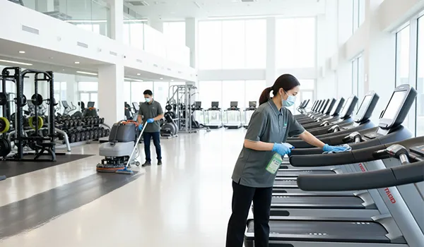 Professional cleaner using an industrial floor scrubber in a large gym facility.