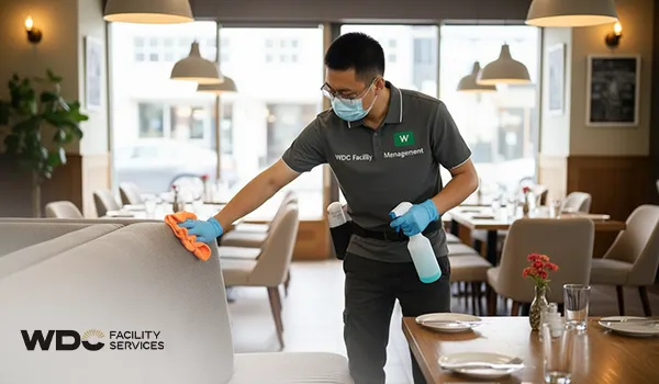Professional cleaner sanitizing restaurant furniture to meet health and safety standards.