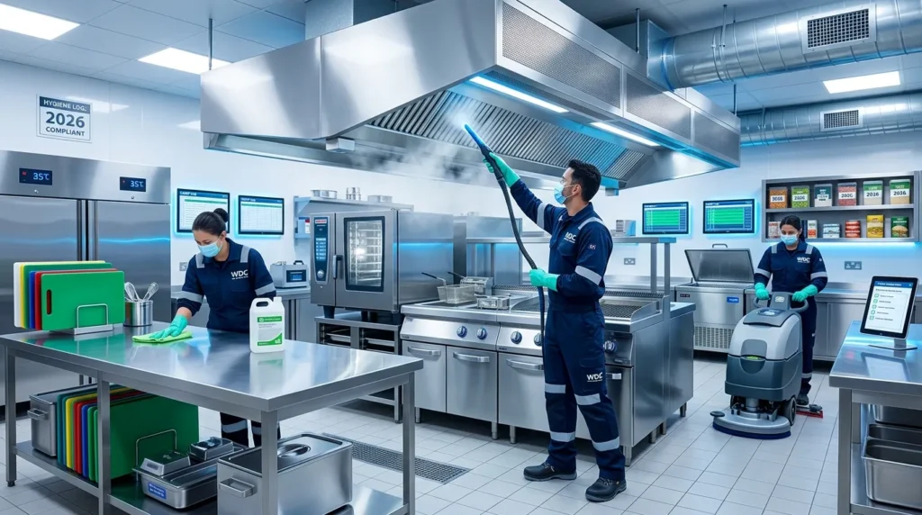 Professional cleaner inspecting and cleaning a modern commercial kitchen