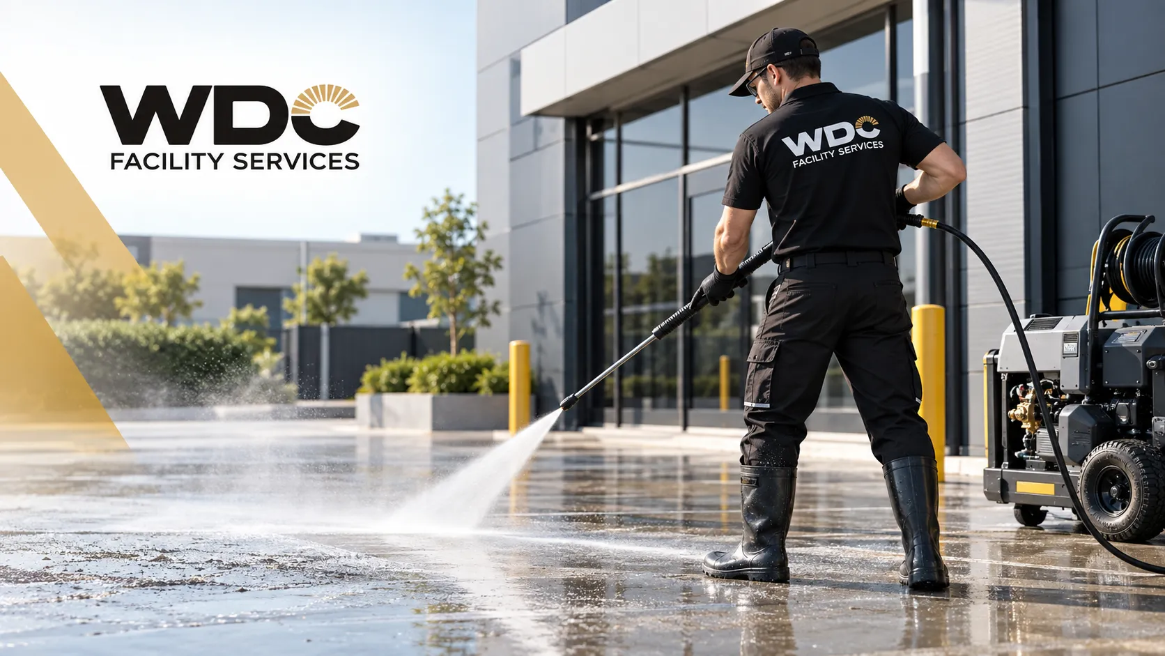 WDC Facility Services cleaner pressure washing the concrete exterior of a commercial property