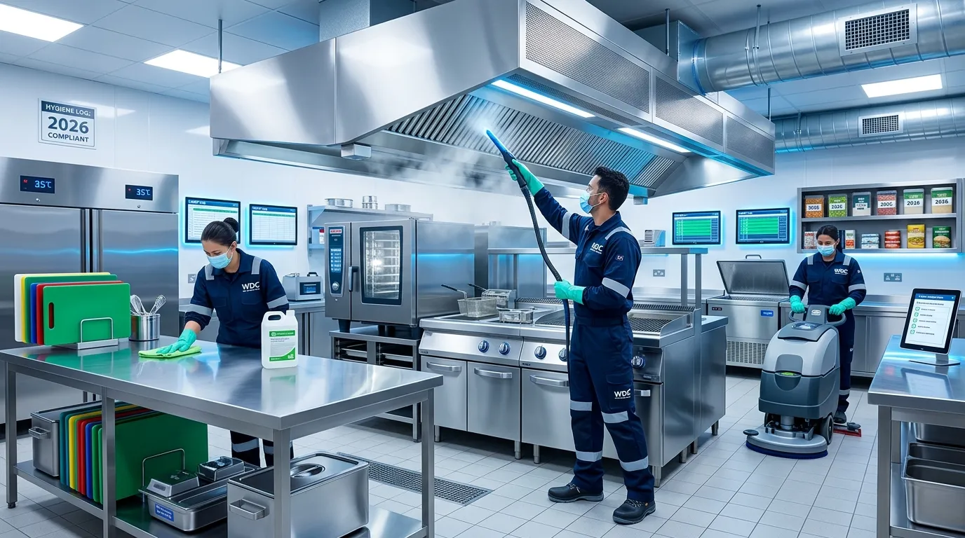 Professional cleaner inspecting and cleaning a modern commercial kitchen