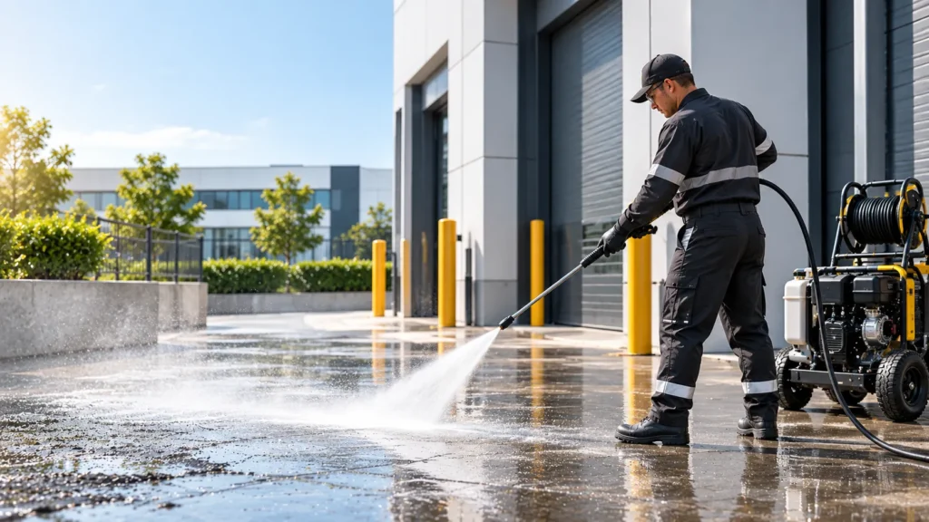 Professional cleaner pressure washing a paved area outside an industrial building