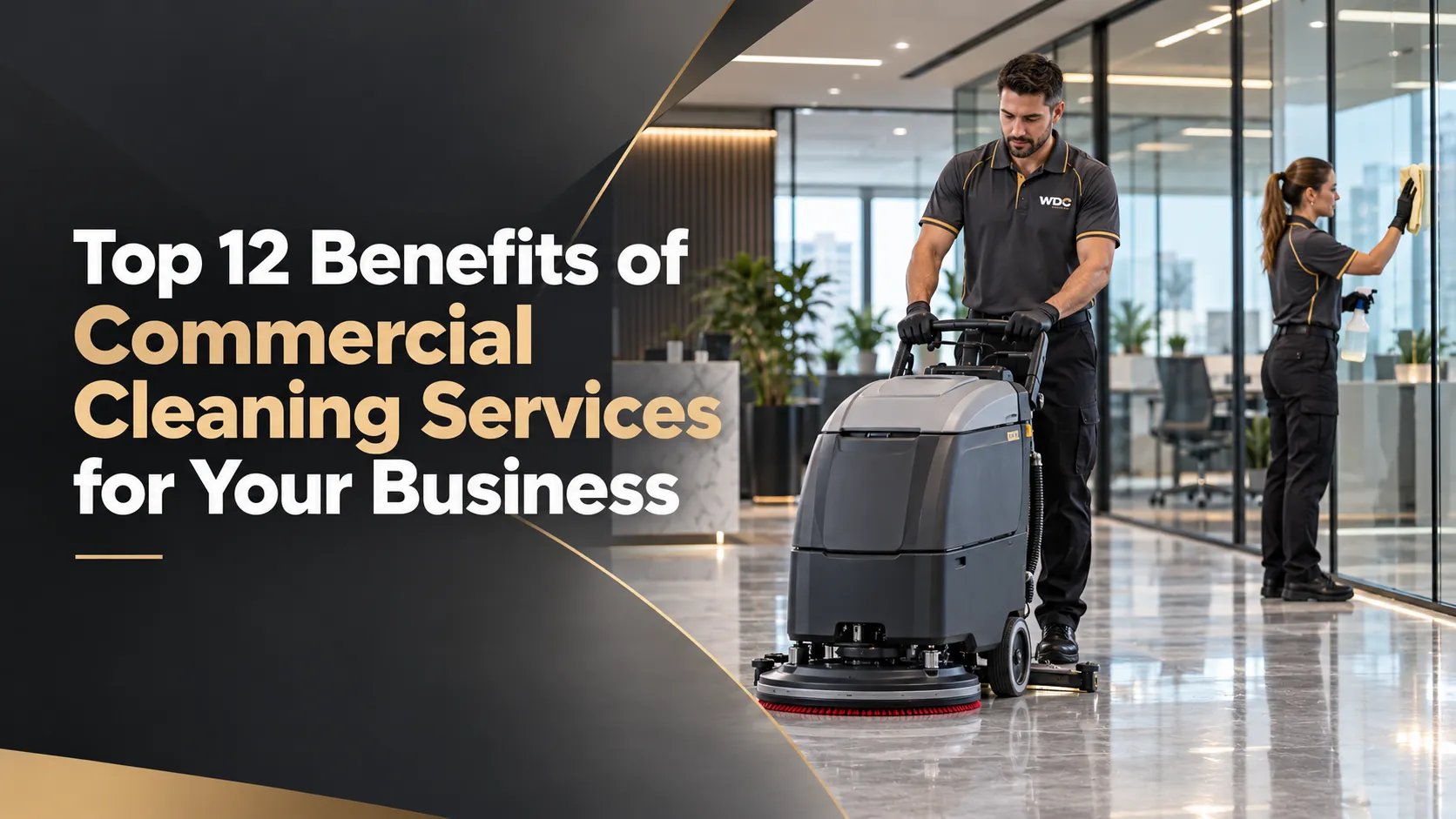 Professional cleaning crew using industrial floor scrubber in a modern office, highlighting top 12 benefits of commercial cleaning services