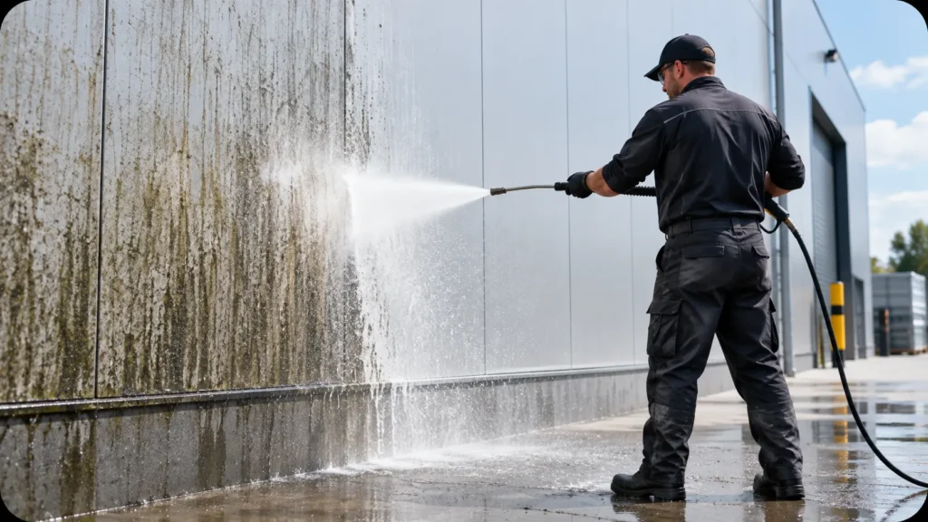 Professional cleaner pressure washing dirt and grime from the exterior wall of a commercial building