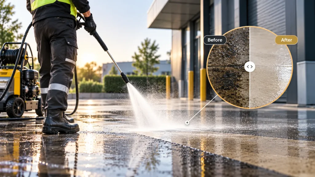 Commercial cleaner pressure washing an outdoor concrete surface with a before-and-after comparison showing dirt removal