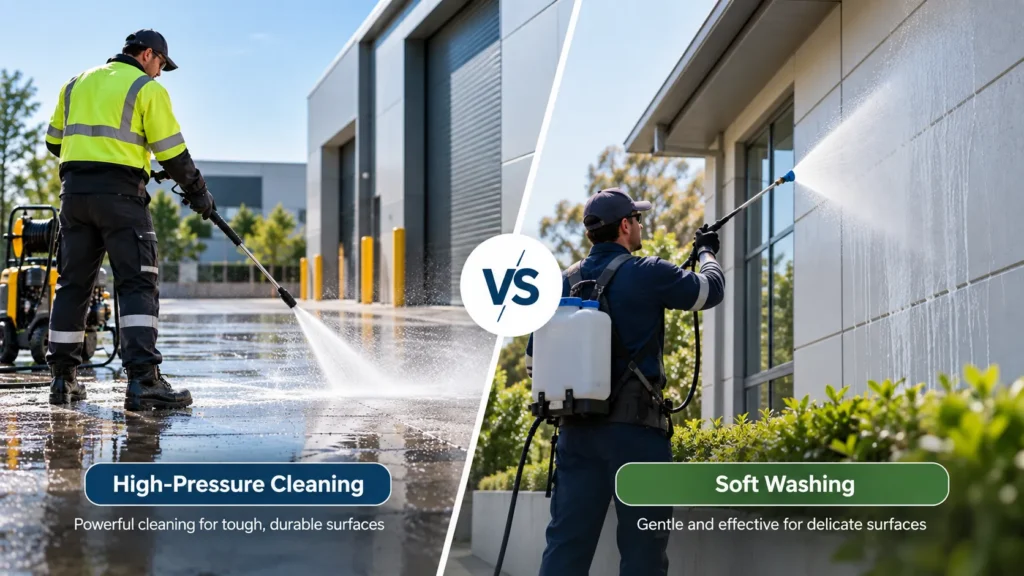 Comparison of high-pressure cleaning for hard surfaces and soft washing for delicate commercial building exteriors
