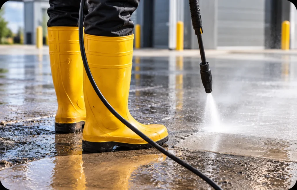 Close-up of a cleaner using a pressure washer to remove dirt from an outdoor concrete surface