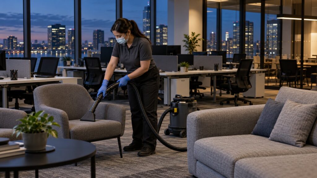 Cleaner vacuuming upholstered chairs and a sofa in an empty office after hours