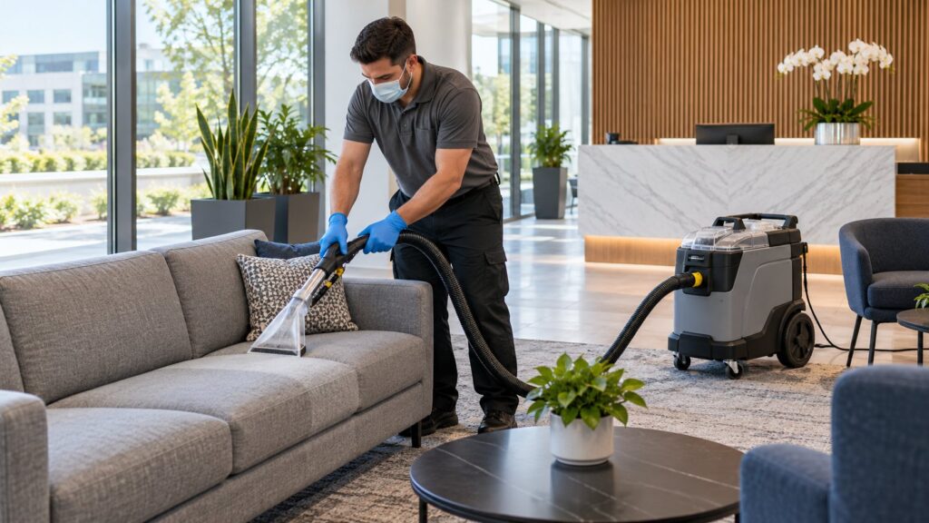 Cleaner using an extraction wand on a fabric lounge sofa in an office reception area
