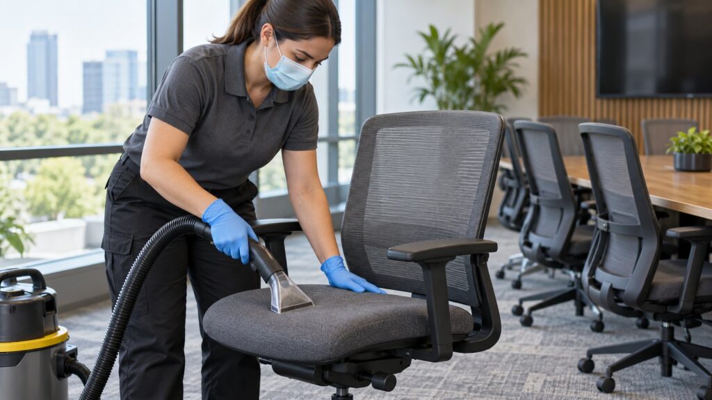 Cleaner vacuuming the seat of an office meeting-room chair