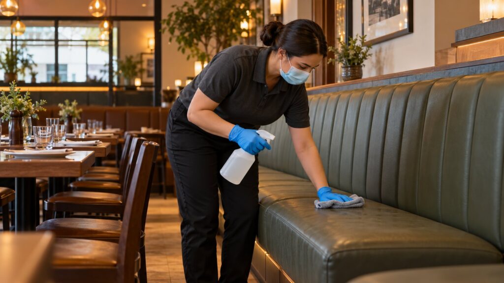 Cleaner spot-cleaning upholstered restaurant booth seating