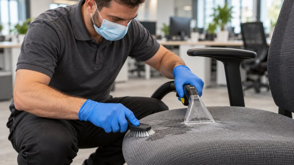 Cleaner treating a stain on a fabric chair seat with a brush and handheld extractor