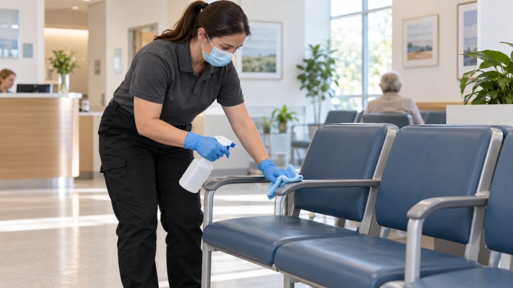 Cleaner wiping down vinyl waiting room chairs