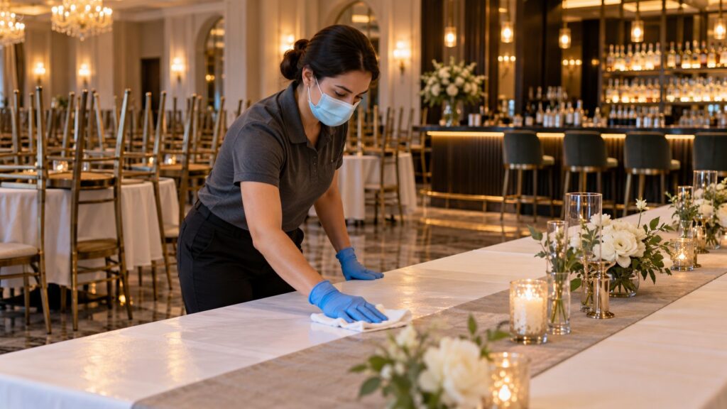 Cleaner wiping a banquet table in an event venue with a bar in the background