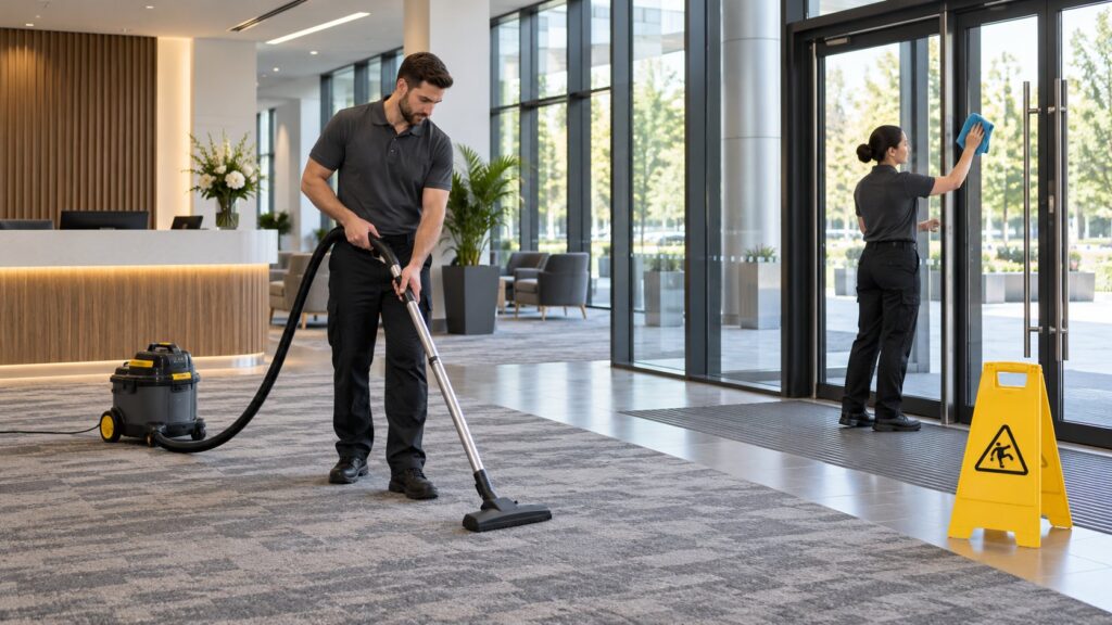Cleaners vacuuming carpet and wiping glass doors in an event venue foyer