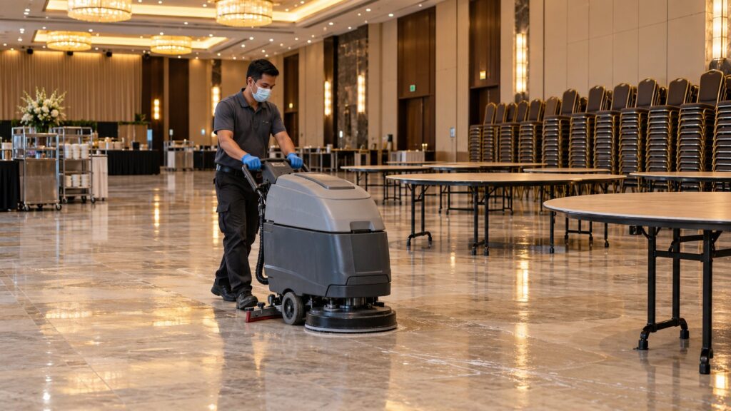 Cleaner operating a floor scrubber in a function hall with stacked chairs and round tables